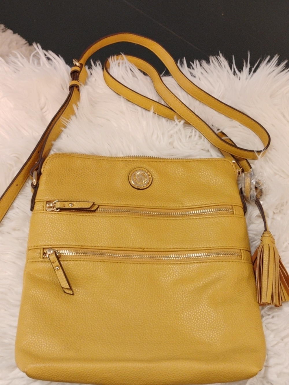 Anne Klein Mustard Yellow Leather Crossbody with Tassel
